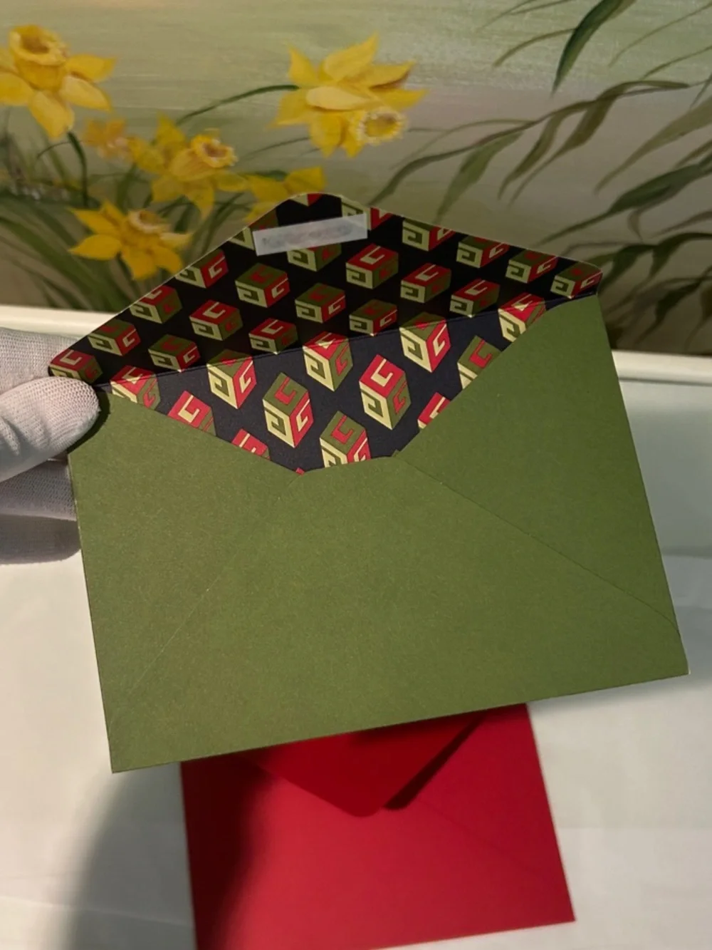 Authentic Gucci Collectible Green/Red Logo Embossed Presentation Envelope Trio.